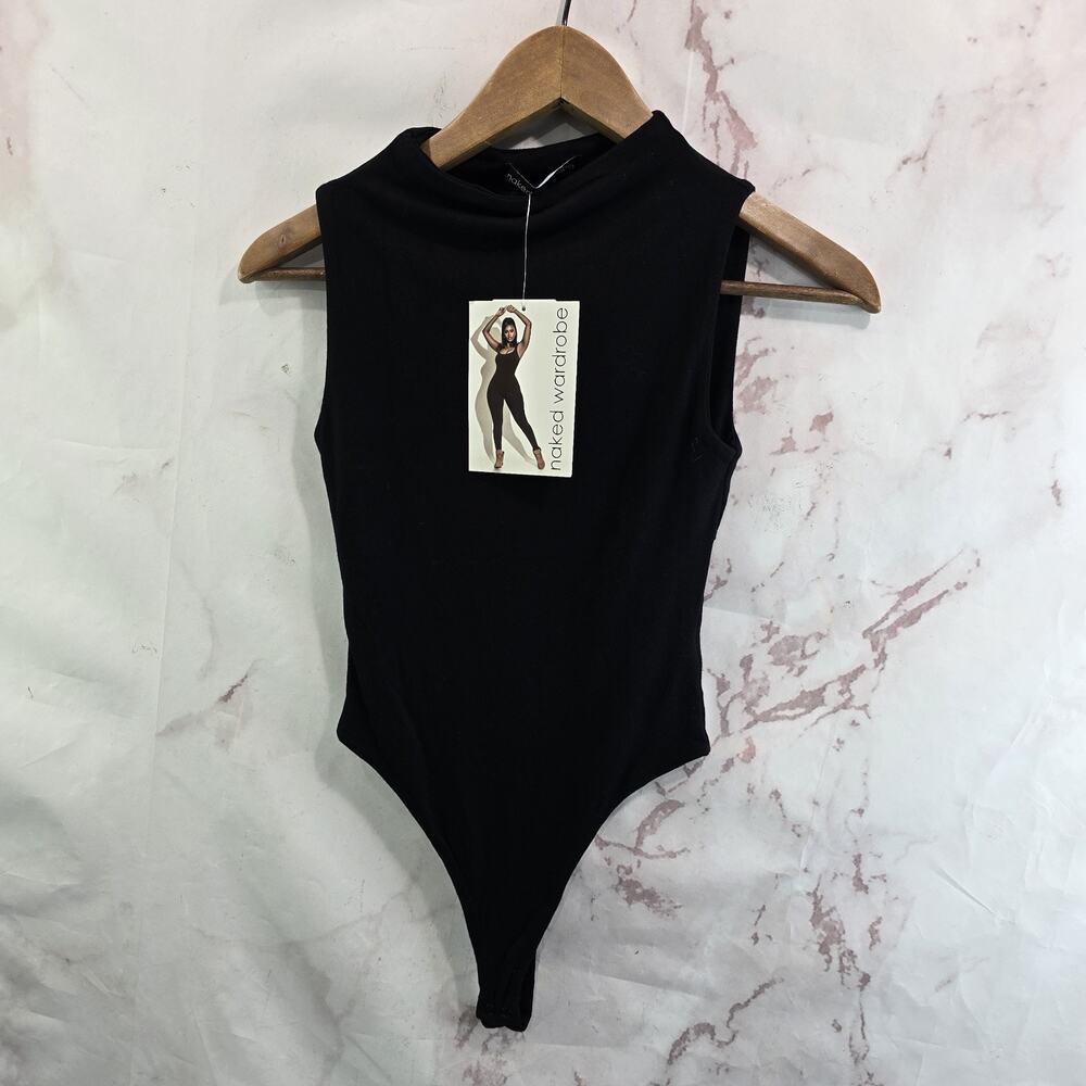 Naked Wardrobe Bodysuit Womens Small Black Tank High Neck Thong NEW